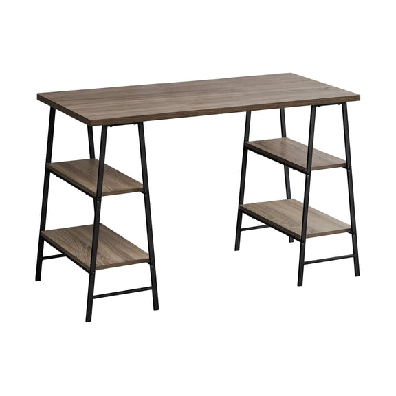 48-Inch Dark Taupe Computer Desk with 4 Shelves and Black Sawhorse Legs
