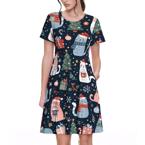 Christmas Cat Dresses Short Sleeve Nightdresses for Women