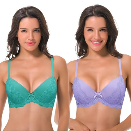 Curve Muse Womens Plus Size Lightly Padded Underwire Balconette Bra -2PK-Lavender Blue Turquoise-48C