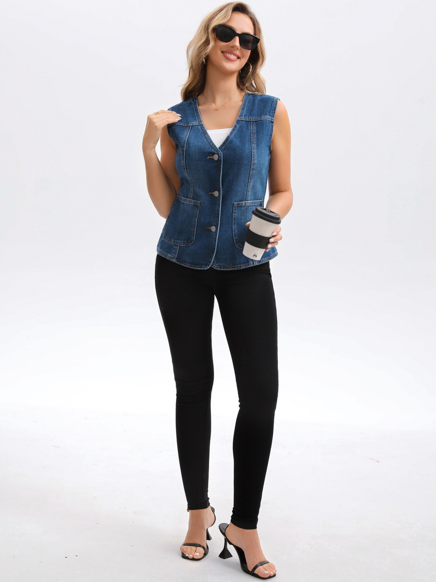 DARING DIVA Women's V Neck Patch Pockets Button Down Sleeveless Jacket XL Dark Blue