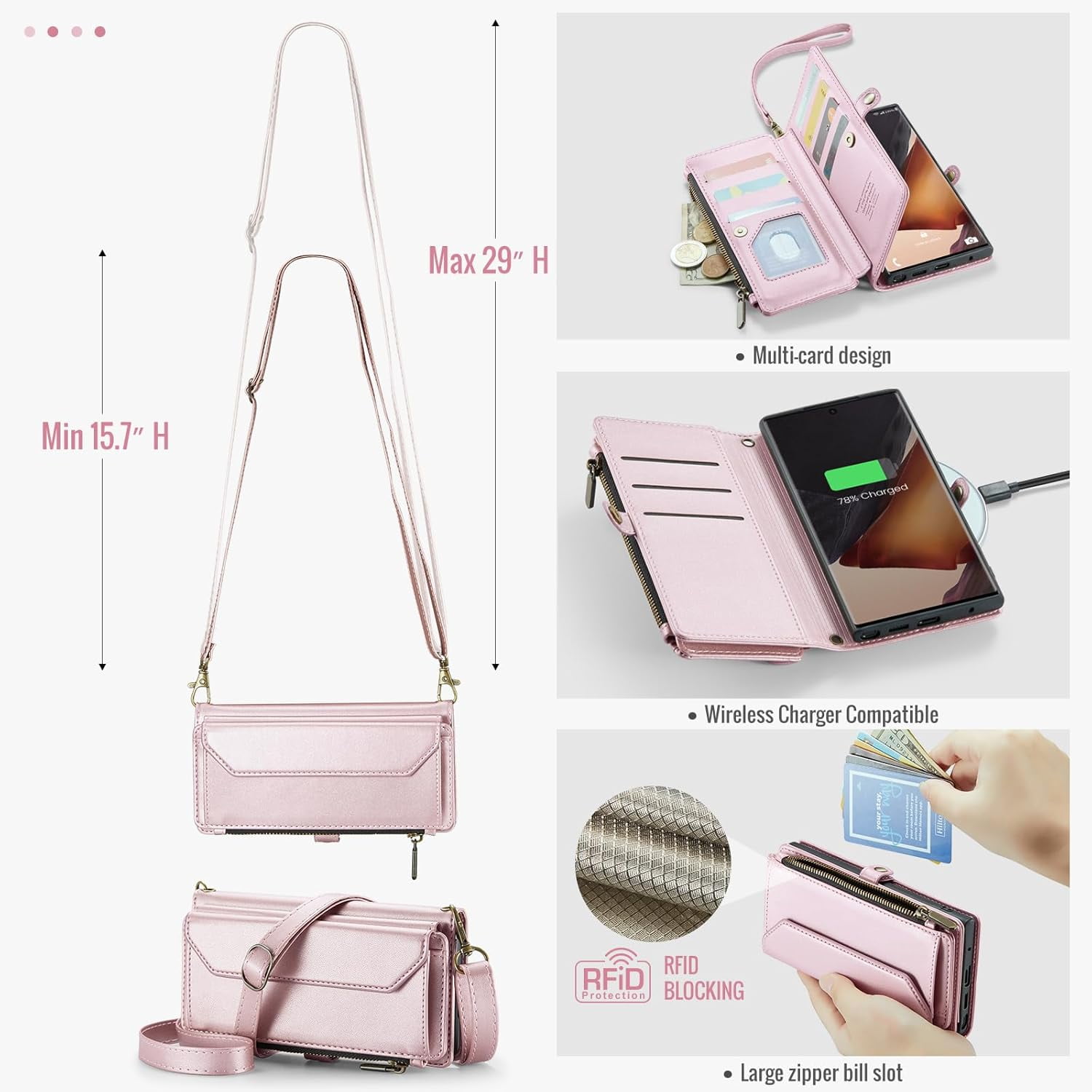 Phone Case for Samsung Galaxy Note 20 Ultra 5G Zipper Wallet Cover with Screen Protector Flip RFID Blocking Card Holder Cell Note20 Plus Notes 20Ultra Note20+ U + 20+ Twenty Not S20 Women Rose Gold