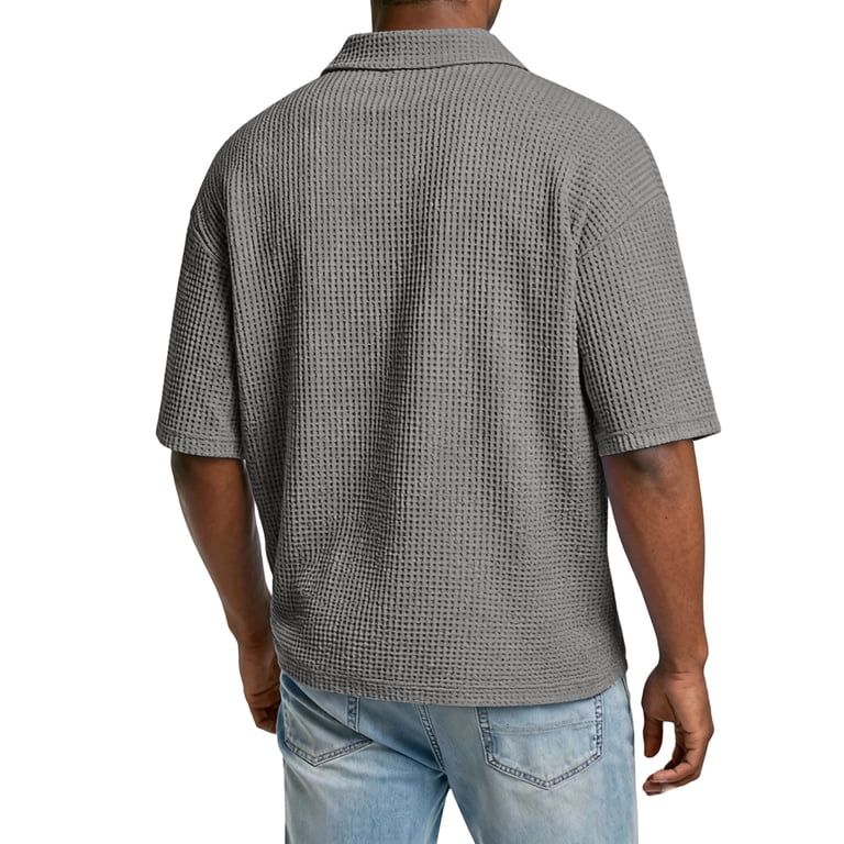 Domuza Mens Waffle Polo Shirts Short Sleeve 1/4 Zip Up Lapel T