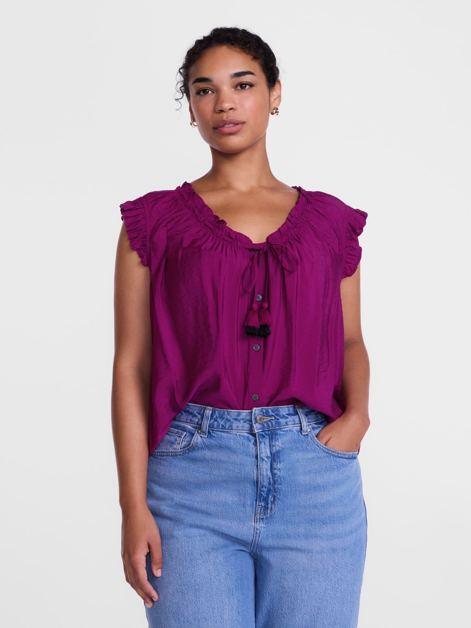 Scenario Women's and Women's Plus Ruffle Neck Tank Top with Tie Front, Sizes XS-4X