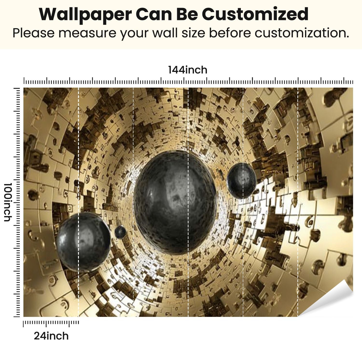 Peel and Stick Wallpaper Golden Tunnel balls coming out Modern Art Wall Mural Decor Self Adhesive and Removable 100in x 144in