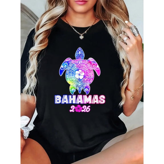 Bahamas 2026 Turtle Tie Dye Summer Vacation Gifts Souvenir T-Shirt casual short sleeve crew neck cotton tee tops for women