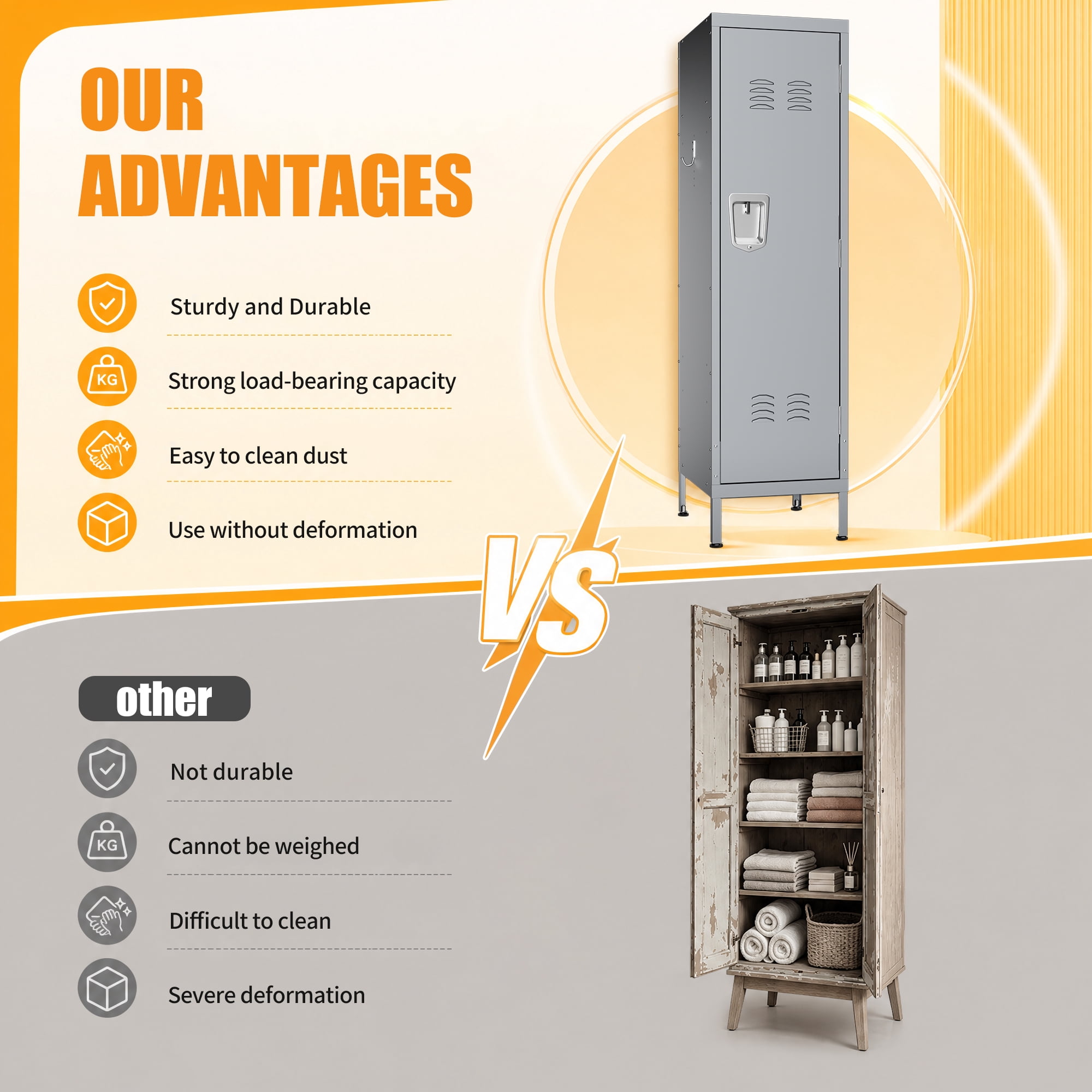 HOQBN 55" Tall Metal Wardrobe Cabinet,Waterproof Steel Clothing Storage Locker with Ventilated Door,Lock & Side Hooks,Vertical Bedroom Wardrobe for Small Apartment Home Office,Gray