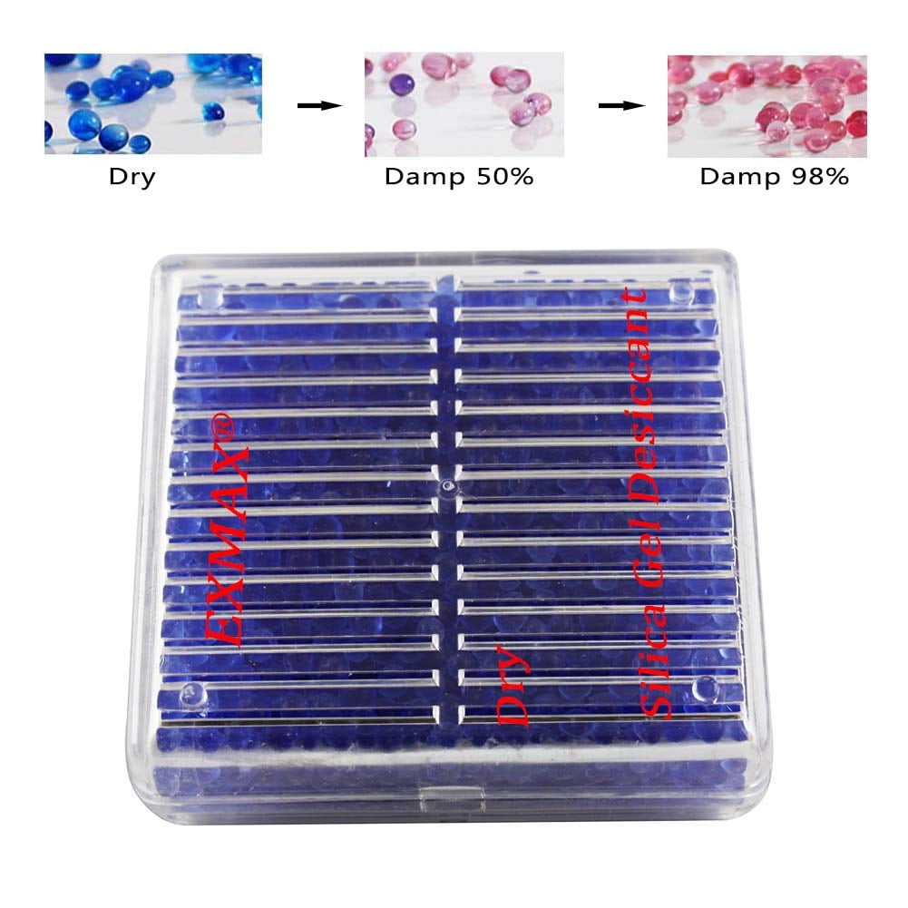 EXMAX Blue Indicating Silica Gel Beads(2-4mm) Desiccant Functional Hard Plastic Canister Dehumidifier Moisture Absorb Box Dryer for Camera Microscopes Telescopes - 8 Pack