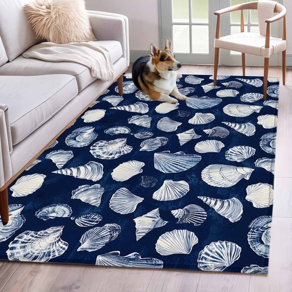 Navy Blue Coastal Area Rug 3x5 Washable Rug Non Slip Shell Conch Summer Beach Nautical Large Area Rug Indoor Floor Carpet for Entryway Bedroom Kitchen Living Room Home Office Dining Room Nursery