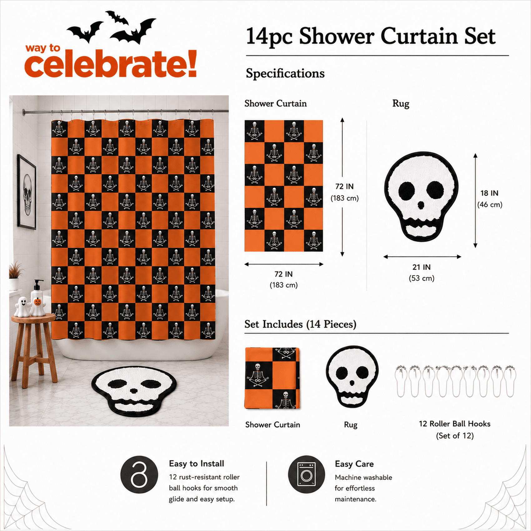 Way To Celebrate Skeleton Checkered 14-Piece Bath Set with Curtain, Rug, and Hooks, 72" x 72" & 21" x 18"
