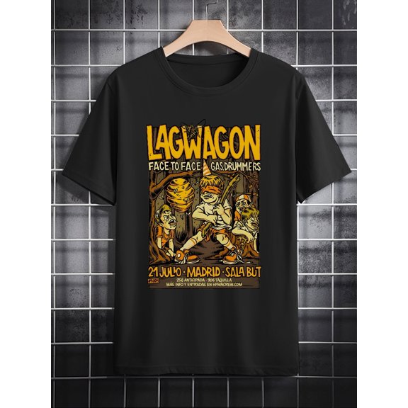 1pc Men'S Casual Short Sleeve T-Shirt, 100% Polyester Knit Fabric, Crew Neck, Regular Fit, Slight Stretch, Vintage Lagwagon Gas Drummers Portrait Print, Summer Fashion Top, Gift for Men