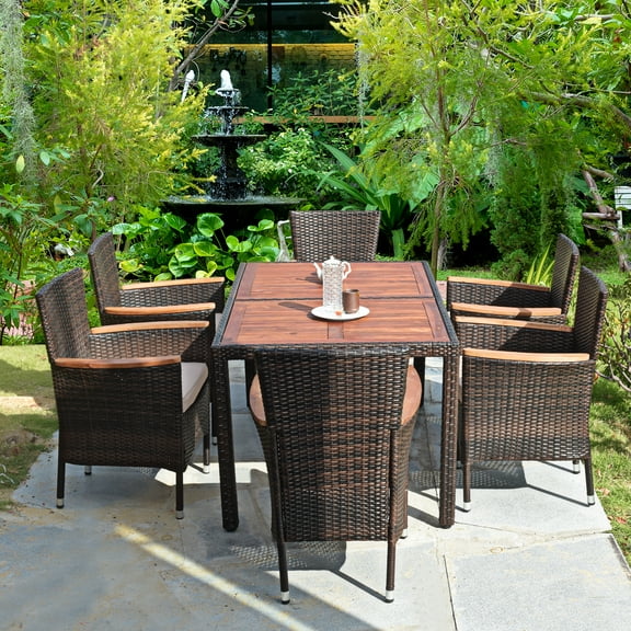 Patiojoy 7 PCS Outdoor Dining Set Wicker Rattan Patio Furniture Table Chair