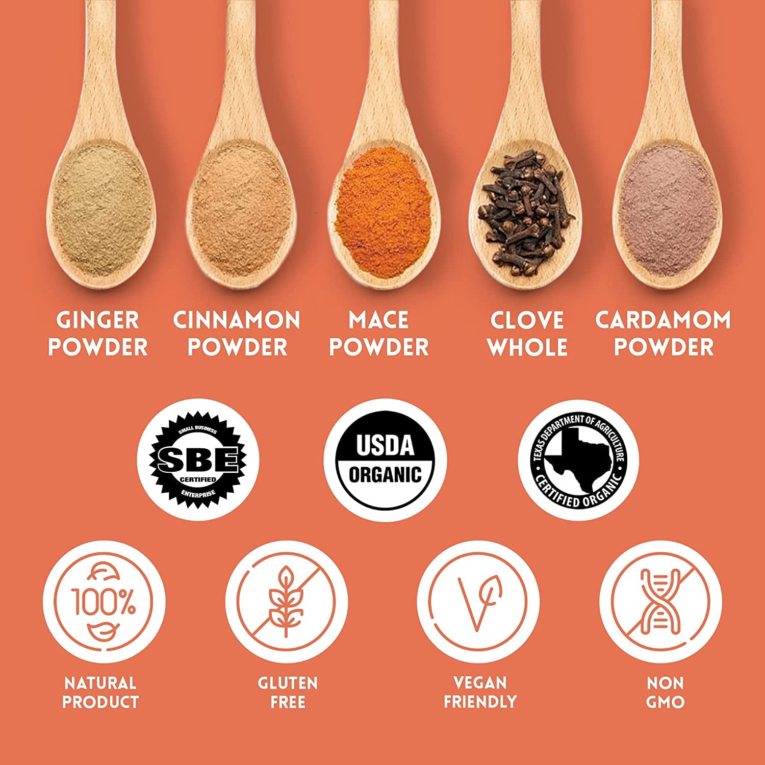 SPICY ORGANIC Spice Gift Set 4 Oz Each-Cinnamon, Ginger, Mace, Cardamom Powder & Whole Clove-100% Pure USDA Organic, Non-GMO Thoughtful Gift for Mom, Chefs & Cooks , House Warming, Cooking Gift