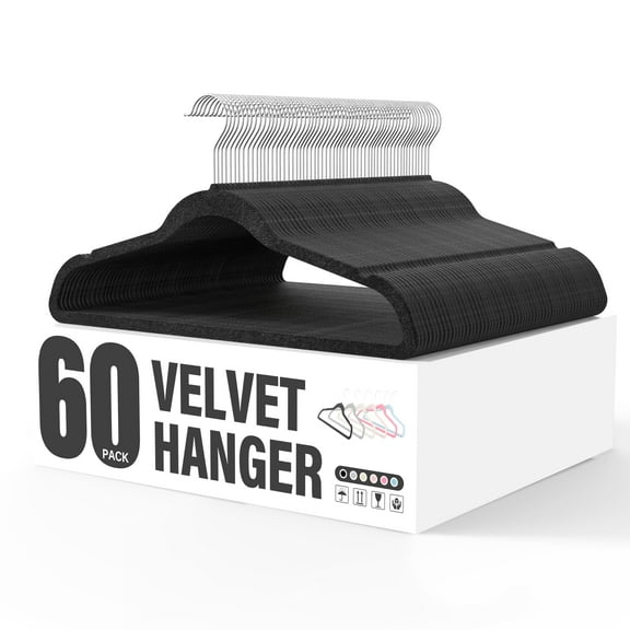Open Box YSSOA VELVET HANGERS 60 PACK NON-SLIP SHOULDER NOTCHES, 360 HKHANGVELVET30BLK