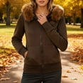 thumbnail image 2 of Arlun Womens Fuzzy Trim Zip-Up Hoodies Lining Casual /Loose Long Sleeve Hooded Sweatshirt Jacket with Pockets 2025 Fall Winter Plain Stylish Outwear Clothes 2-Brown S, 2 of 8