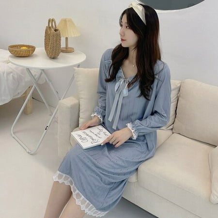 

PIKADINGNIS New Lazy Style Autumn Womens Long Polyester Sleepwear Home Nightshirt Women Causal Sleepwear Loose Ladies Nightgown Women Dress