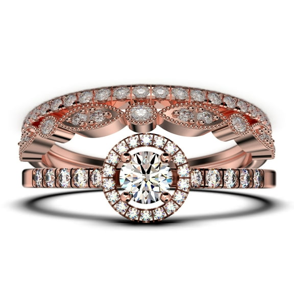 Dazzling Minimalist 2.00 Catar Round Cut Diamond Moissanite Engagement Ring, Wedding Ring, Two Matching Band in 10k Solid Rose Gold, Gift For Her, Silver, Halo Trio Ring Set
