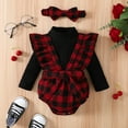 thumbnail image 3 of Synpos 0-18M Newborn baby Girl Outfit Clothes Infant Rib Long Sleeve Romper+Cotton Grid Ruffl Suspender Pant+Headband 3PCS Jumpsuit Set., 3 of 9