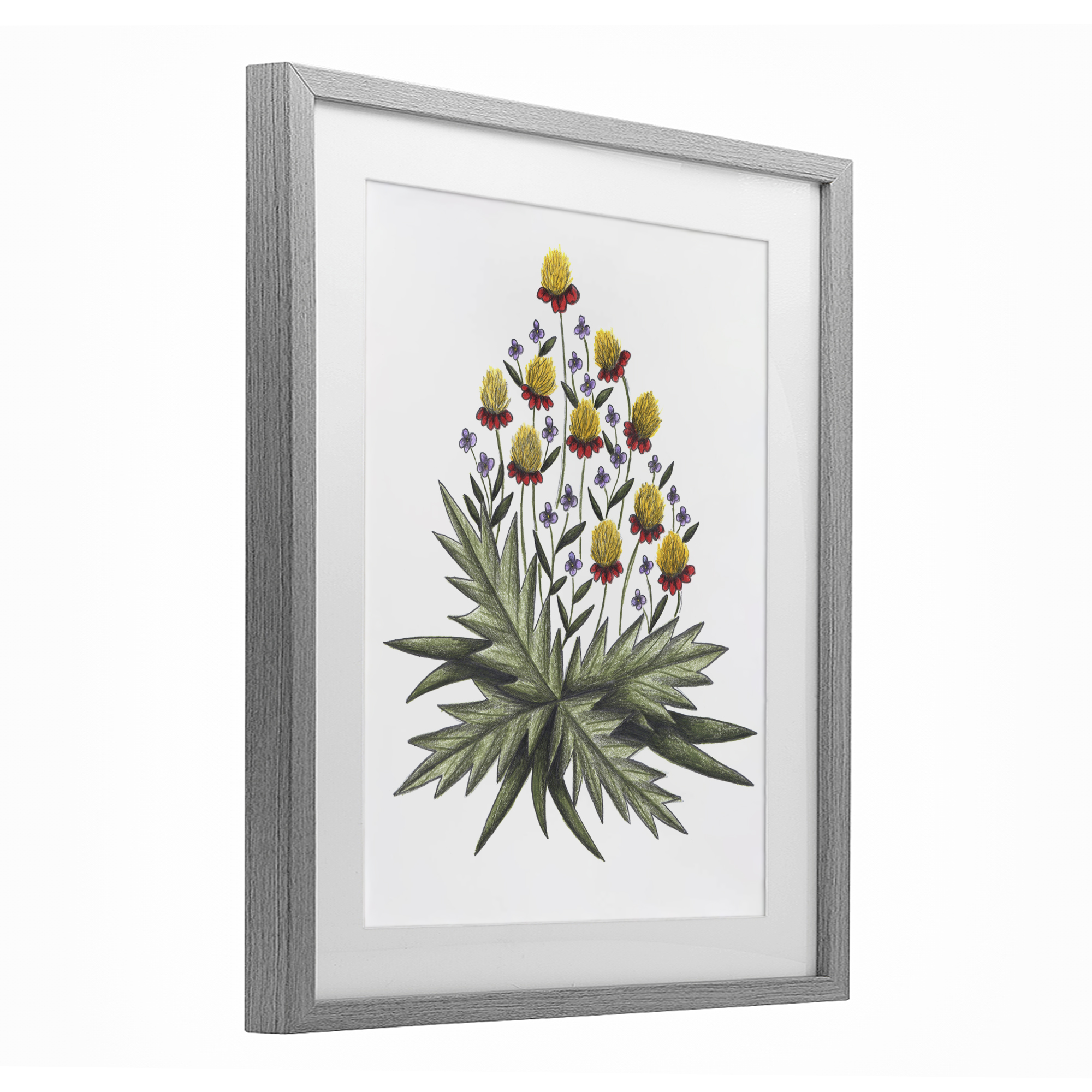Yellow Leafy Wild Flowers Gray Framed Print Under Glass, design by Cecilia Battaini