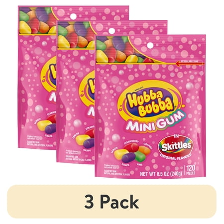 (3 pack) Hubba Bubba Minis Skittles Flavored Bubble Gum - 120 Pieces Resealable Bag