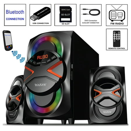 Boytone BT-626F, 2.1 Bluetooth Powerful Home Audio Speaker System, with FM Radio, SD Slot, USB Ports, Digital Playback, 54 Watts, Disco Lights, Remote Control, for Smartphone, Tablet. (The Best 2.1 Speaker System)