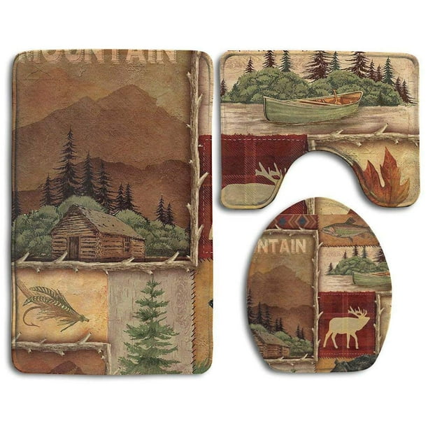 GOHAO Rustic Lodge Bear Moose Deer 3 Piece Bathroom Rugs Set Bath Rug