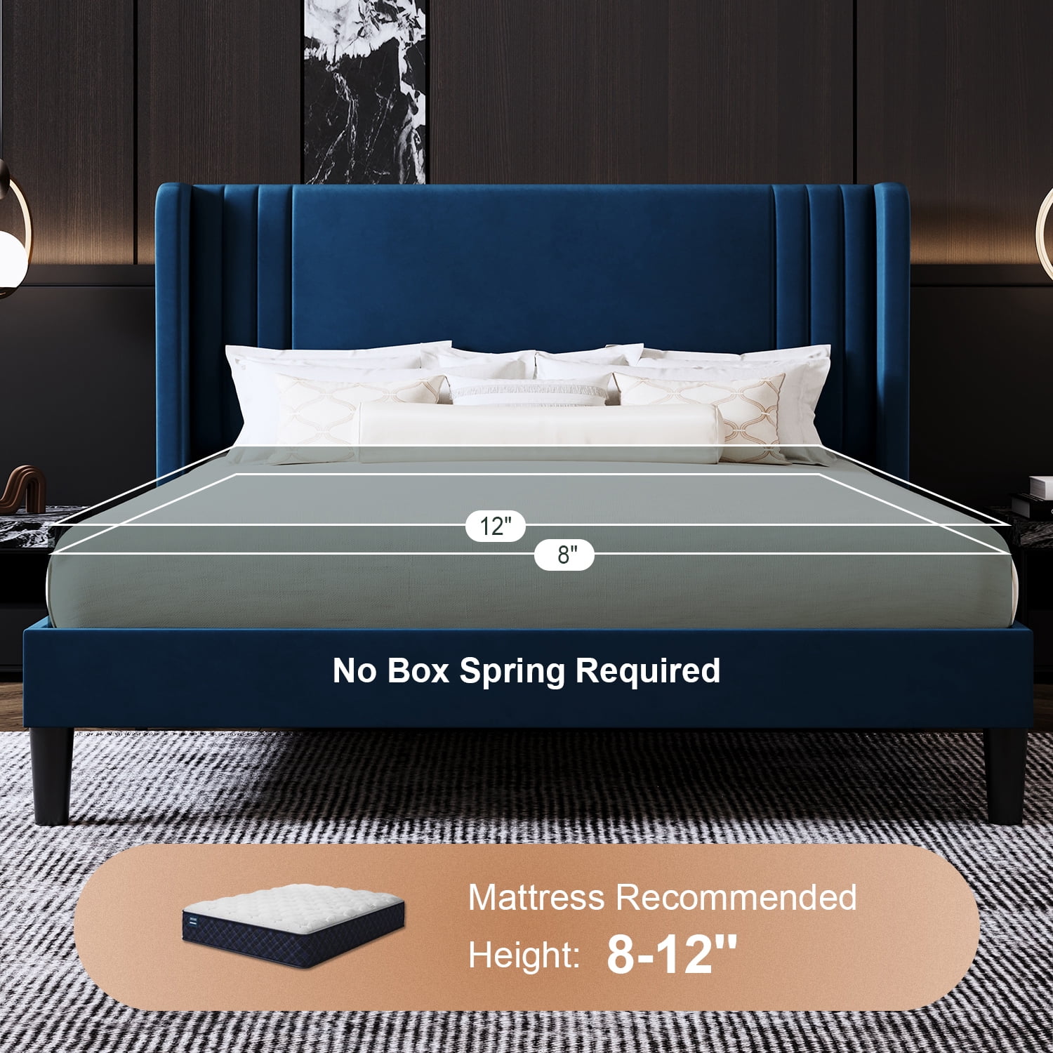 Amolife Full Size Bed Frame, Velvet Platform Bed with Upholstered Wingback Headboard, No Box Spring Needed, Blue