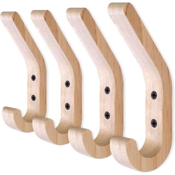 MOAMUN 4PC Wooden Coat Hooks, Natural Oak Wood Hooks, Heavy Duty Wall Mounted Hooks, Decorative Vintage Wood Wall Hooks for Hanging Coats, Key, Cap, Scarf, Bag, Towel