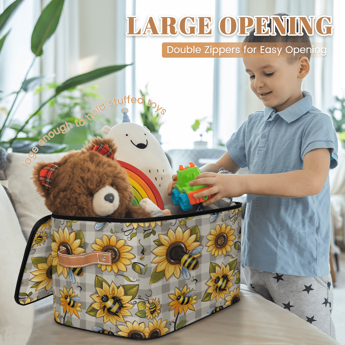 CURLYOOT Bee Fabric Storage Bins with Lids, Bee Floral Foldable Storage Boxes Washable Storage Cube, Closet Bedroom Home Organizer Containers with PU Leather Handles