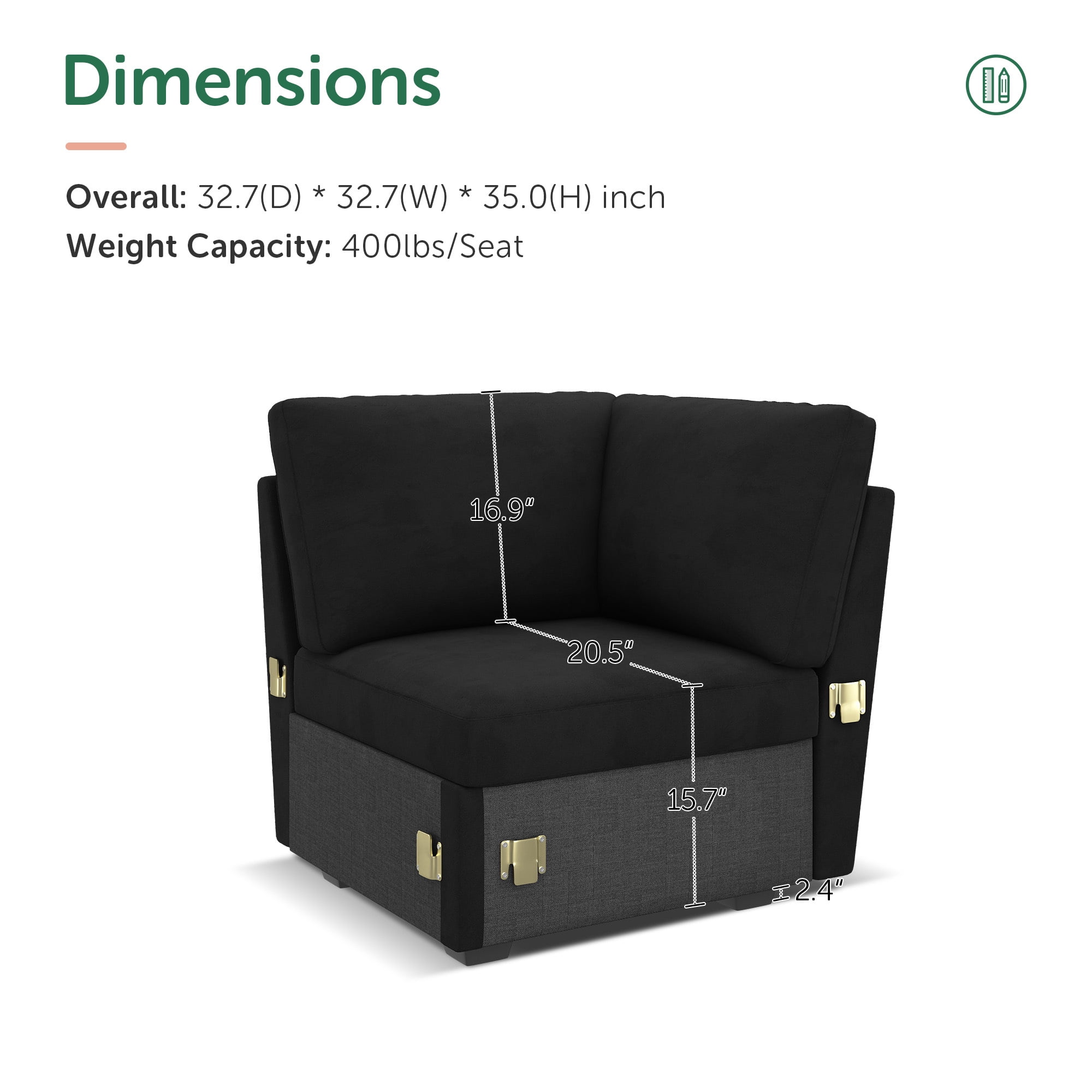 HONBAY Corner Seat Module for Modular Sectional Sleeper Sofa, Velvet Black