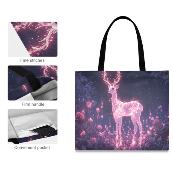 Canvas Tote Bag for Women Girls Design Print Glowing Deer in Magical Forest Tote