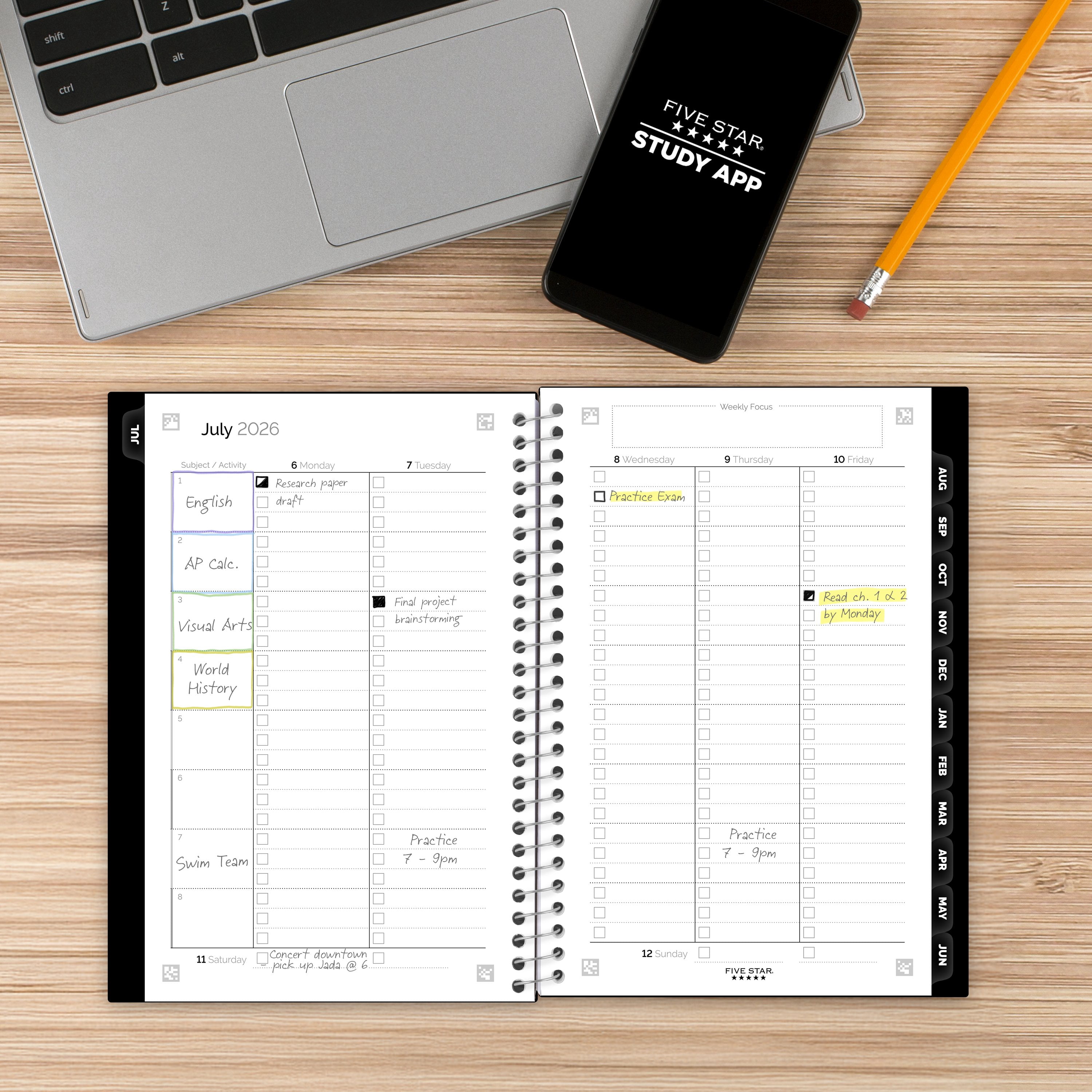 Five Star Black Weekly Monthly Student Planner With Study App 2026-2027