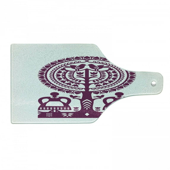 Folk Art Cutting Board, Polish Folkloric Design Monochromatic Kurpie Papercuts Illustration, Decorative Tempered Glass Cutting and Serving Board, in 3 Sizes, by Ambesonne