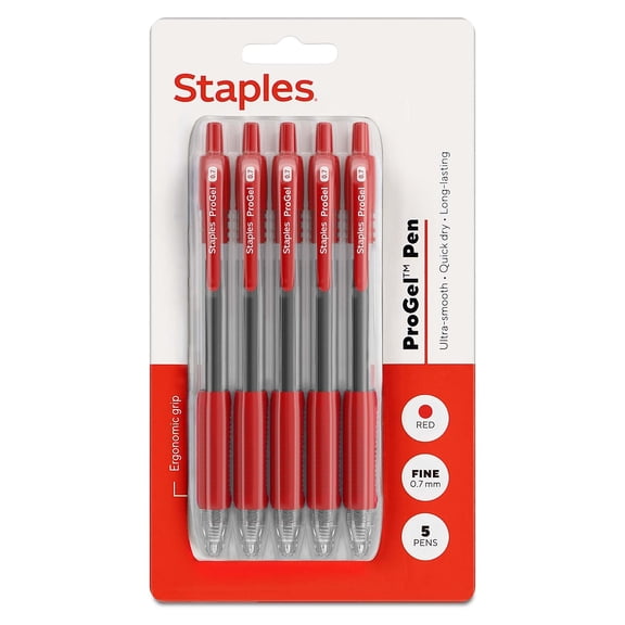 Staples ProGel Retractable Gel Pen Fine Point 0.7mm Red Ink 5/Pack (ST63014)