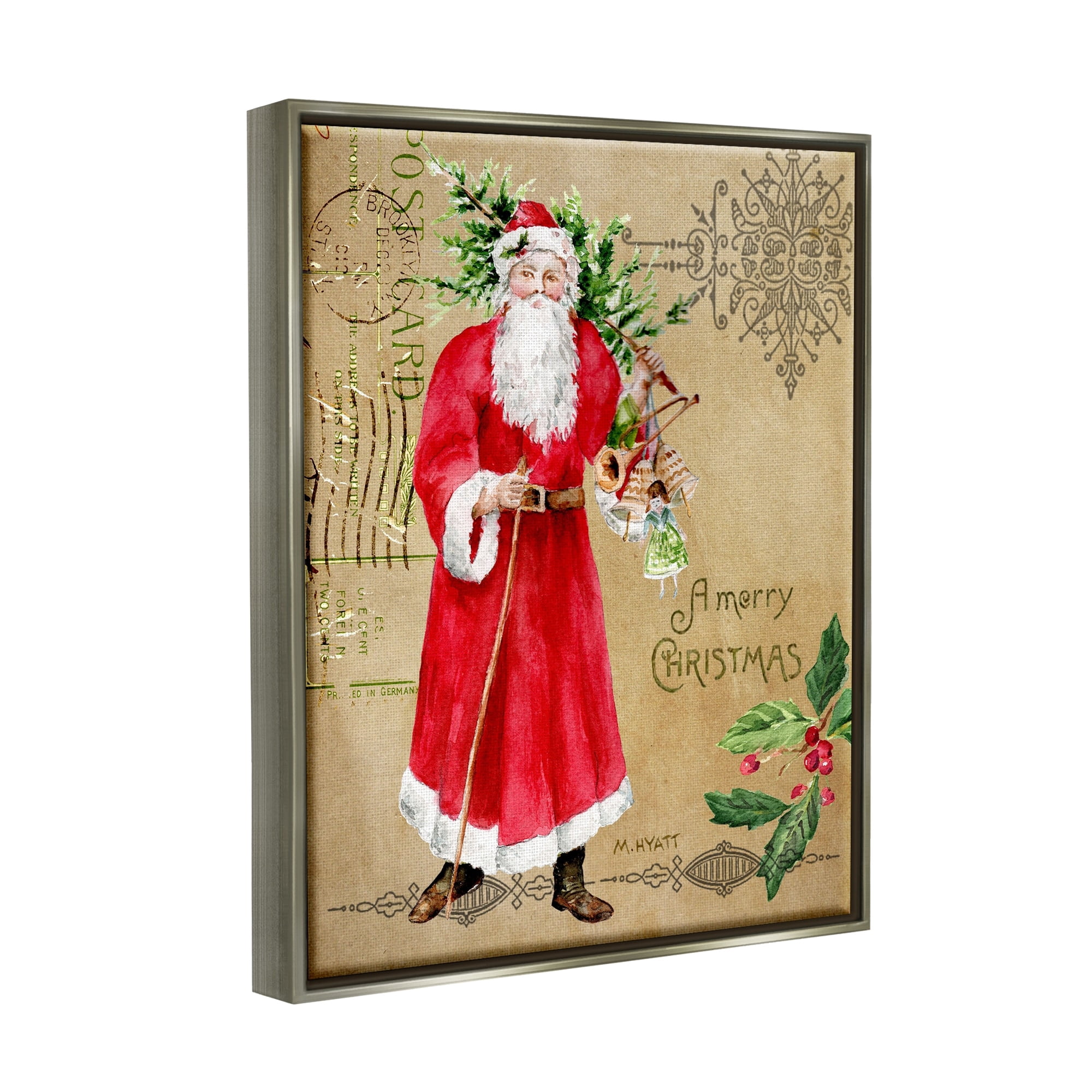 Stupell Industries Vintage Santa Claus Vintage Christmas Postal Design Luster Gray Framed Floating Canvas Wall Art, 16x20, by Melissa Hyatt LLC