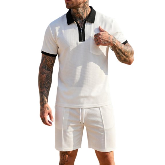LTTVQM Men Comfort Casual Contrast Lapel Waffle Short Sleeve Polo Shirt Stretch Drawcord Relax Short Pant Summer Two Piece Set White 2XL