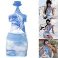 thumbnail image 2 of Women 2-piece Suit Detachable Top Skirt Outfits Blue Sleeveless Backless Short Dress Y2K Sexy Steetwear for Summer Daily Blue L, 2 of 4