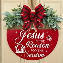 3D "Jesus is the Reason" Wooden Welcome Sign with Red Checkered Bow, Snowflakes & Greenery - Festive Winter Holiday Door Decor for Christmas & New Year