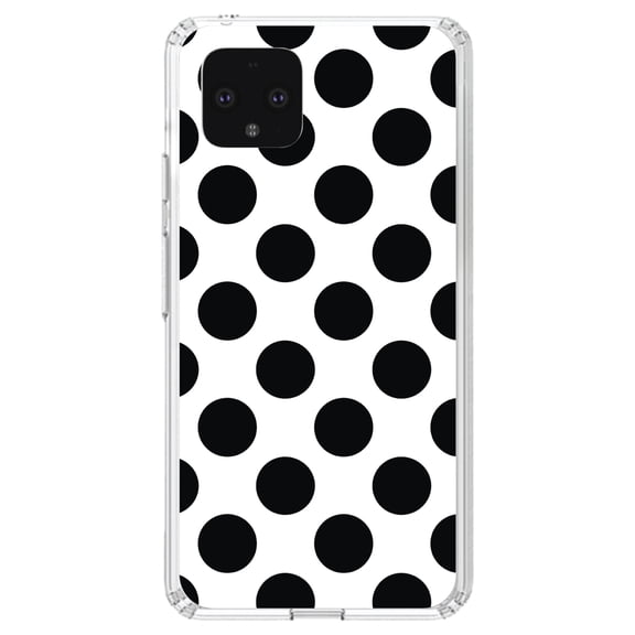 DistinctInk Clear Shockproof Hybrid Case for Google Pixel 4 (5.7" Screen) - TPU Bumper, Acrylic Back, Tempered Glass Screen Protector - Black & White Polka Dots