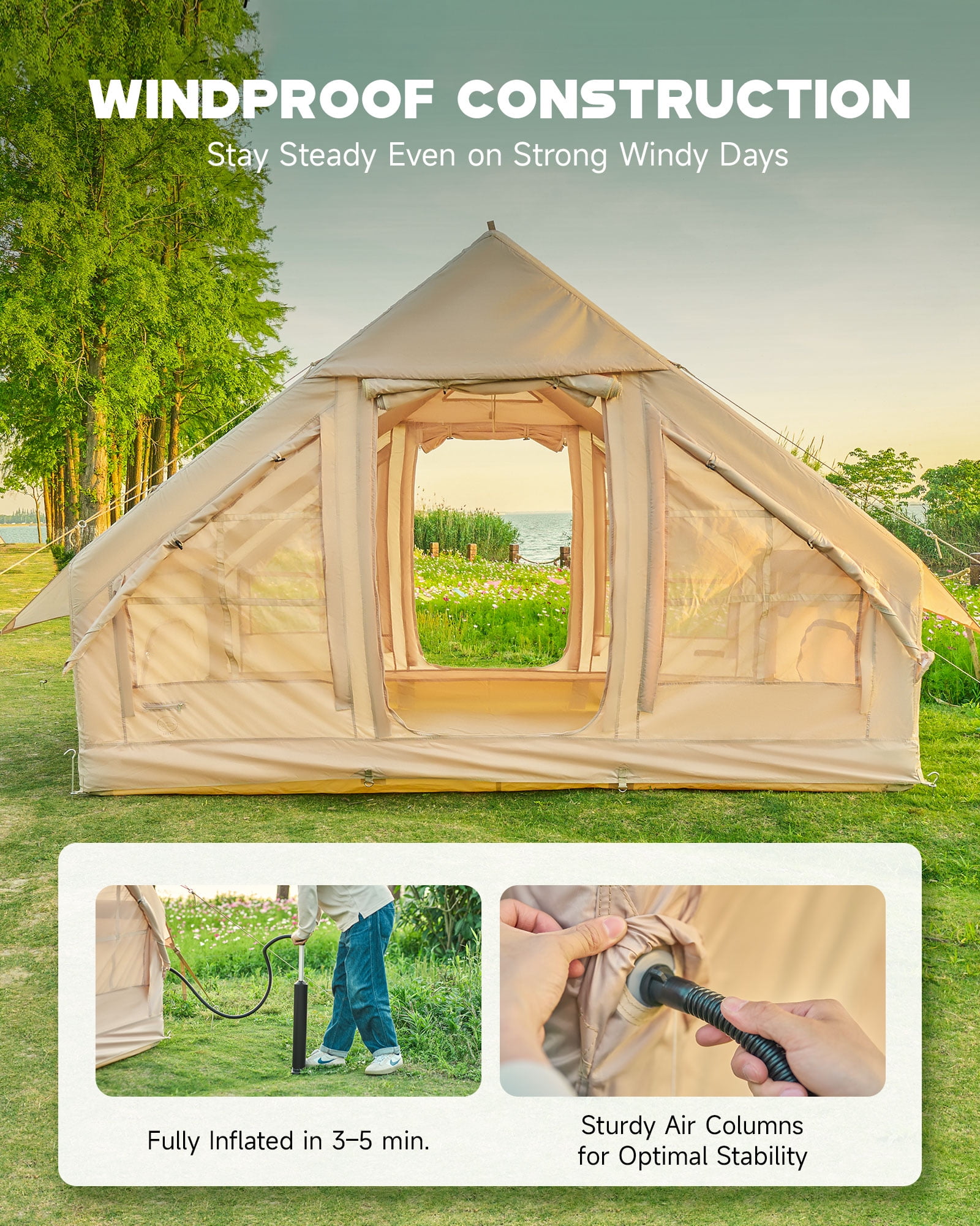 Bestco inflatable Camping Tent 4-6 person, Waterproof with Dual Doors and Windows. Includes Pump for Easy Setup, Suitable for All Seasons