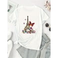 thumbnail image 2 of Camiseta elegante para mujer con estampado floral de la Torre Eiffel y mariposas. Mezcla de algodón suave, cuello redondo, manga corta, ligera y cómoda. Ideal para el tiempo libre y el deporte., 2 of 8