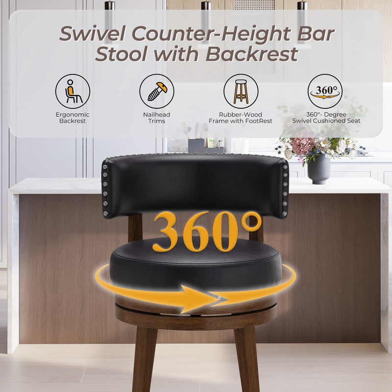 COLAMY Swivel Bar Stools Set of 4, 25 Inch Counter Height Stools, Modern Upholstered Wood Bar Chairs with Back for Kitchen Island Dining Room Bar, Fits 34-40" Height, Dark Brown