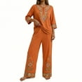 thumbnail image 6 of Floleo Women Boho Two Piece Outfit V Neck 3/4 Sleeve Floral Print Top Wide Leg Pants Vacation Matching Set, 6 of 7