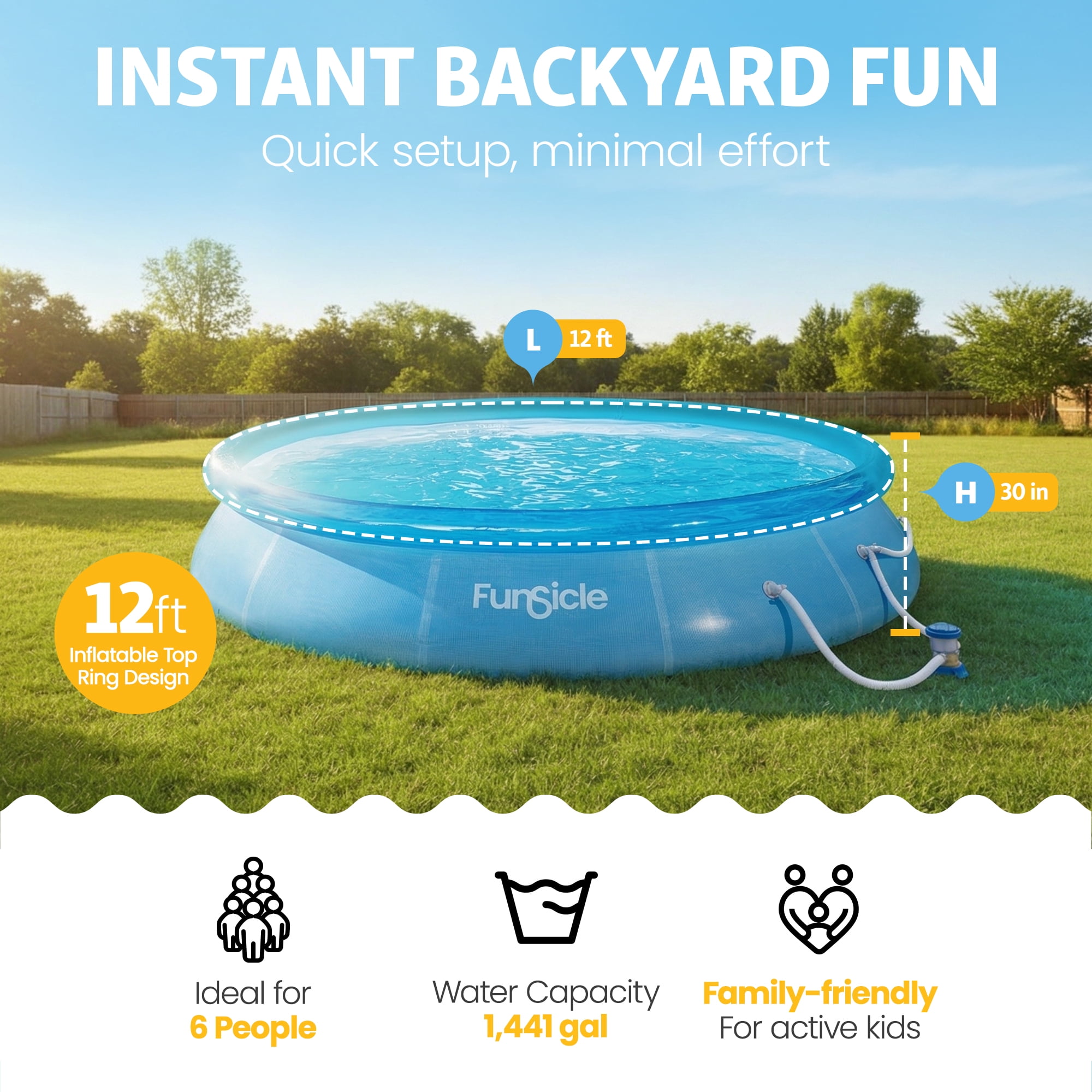 Funsicle 12ft x 30in Round Sea-Thru QuickSet Above Ground Pool with Cartridge Filter Pump, Age 6 & up