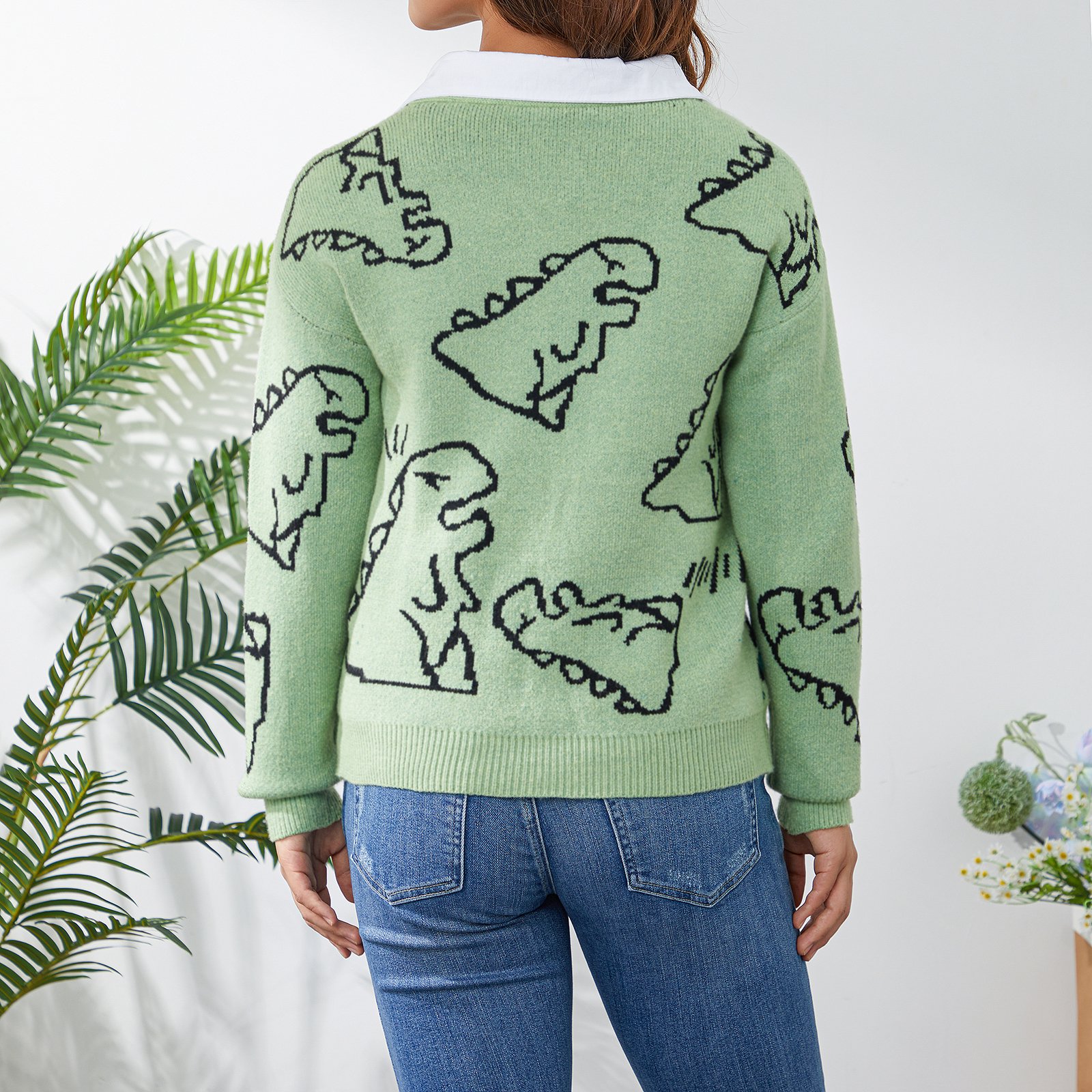 CIDER Dinosaur Pattern Cardigan For Women | Plus Size & Curve Oversized Knit With V-Neck