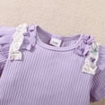 thumbnail image 5 of Kucnuzki 6 Months Baby Girl Summer Outfits Shorts Sets 9 Months Short Sleeve Solid Color Rib Knitted Floral Panel Romper Tops Elastic Floral Shorts Headband 3PCS Set Purple, 5 of 8