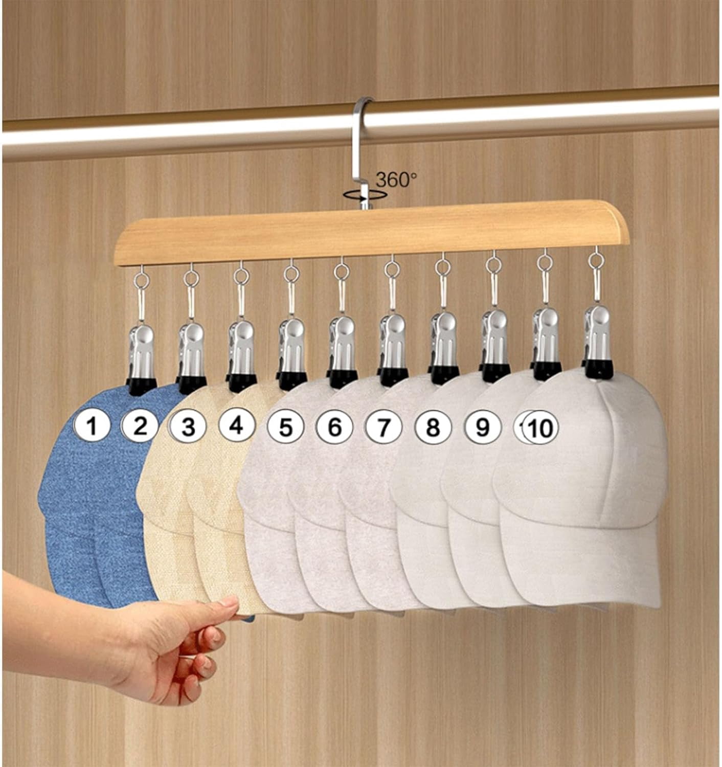 Closet Organizer with 10 Clips, Wooden Pants Hangers with 360° Rotating Hook, Space-Saving Hat Scarf Clothespins for Jeans Skirts Socks