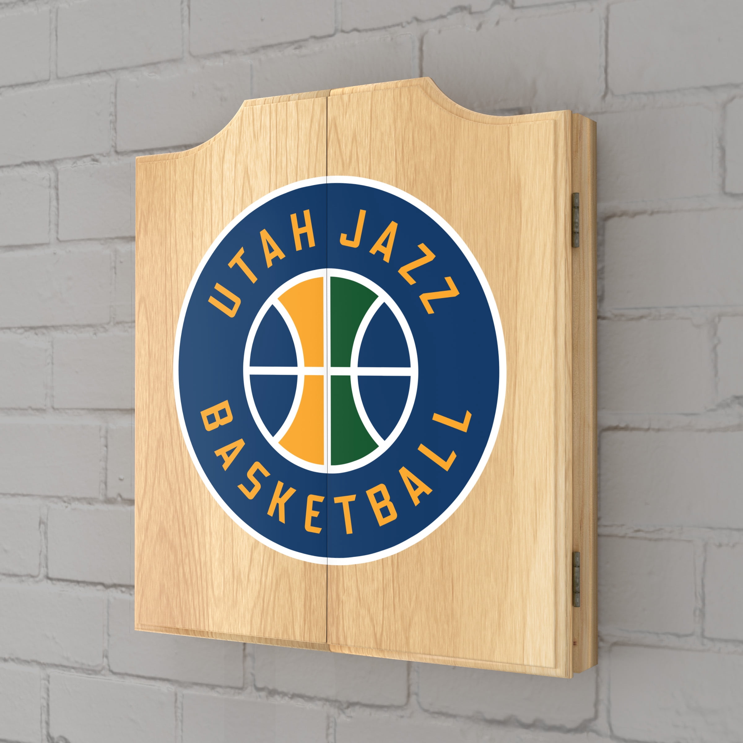 Utah Jazz Logo Dart Board Cabinet Set with 6 Steel Tip Darts