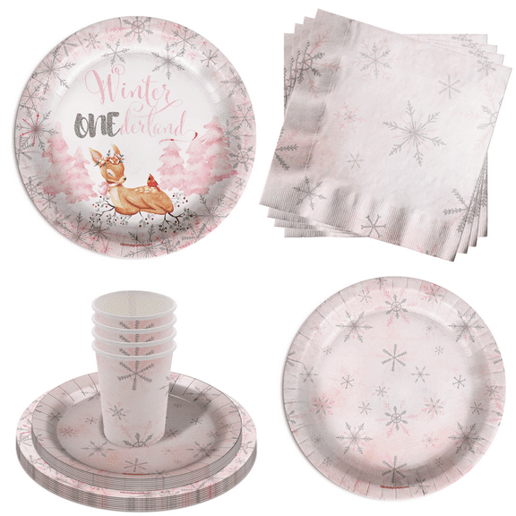Winter Onederland Pink Snowflake 1st Birthday Party Supplies 64 Piece Tableware Set Includes Large 9" Paper Plates Dessert Plates, Cups and Napkins Kit for 16