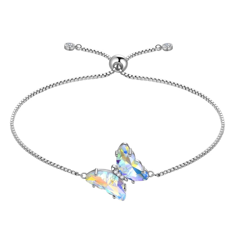 Juwaliy White Butterfly Bracelet, Sterling Silver, April Birthstone photo 1
