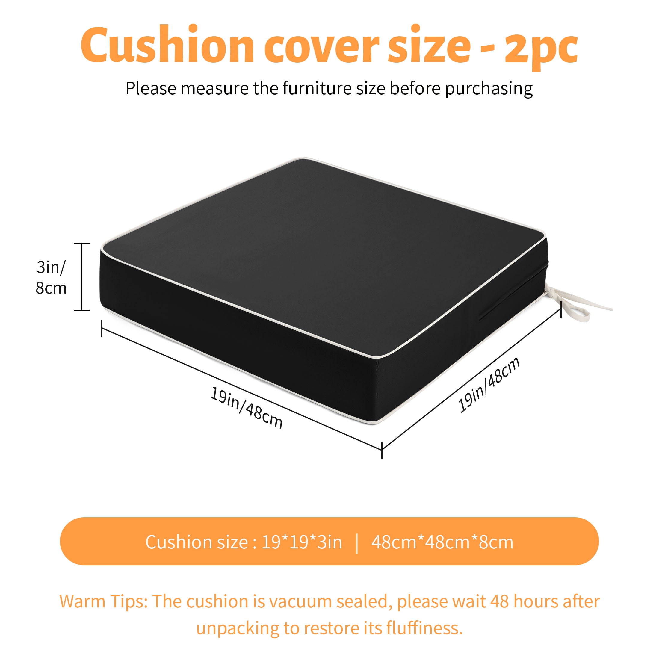 ROFIELTY 2-Pack Outdoor Chair Cushions 19x19, Waterproof & UV Resistant Patio Seat Pads with Removable Washable Cover, 3 Inch Thick All-Weather Cushions for Wicker Furniture, Black